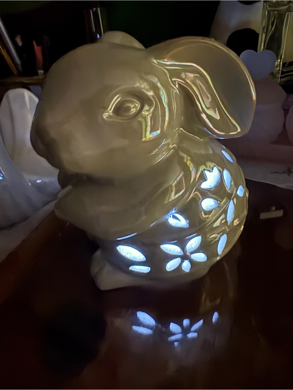 Iridescent Lusterware Ceramic Bunny Rabbit Figure with Cutouts - Picture 6 of 6
